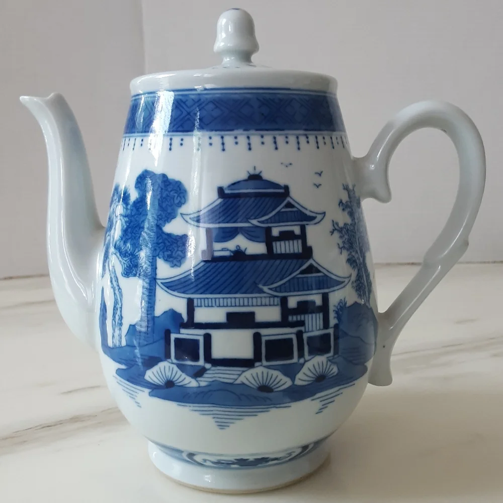 Jingdezhen Porcelain Blue & White Canton 3 Piece Tea Set - Vtg